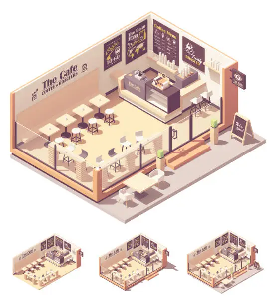 Vector illustration of Vector isometric coffee shop or coffeehouse