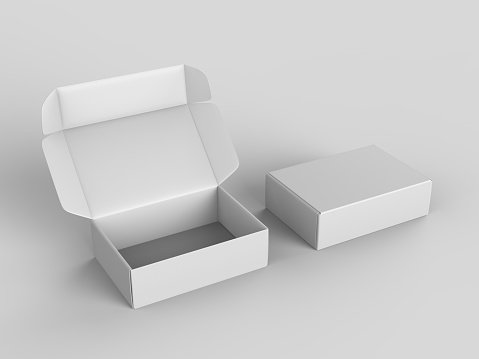 Blanco blanco cartón duro regalo o caja de correo mock up plantilla, ilustración 3d. photo