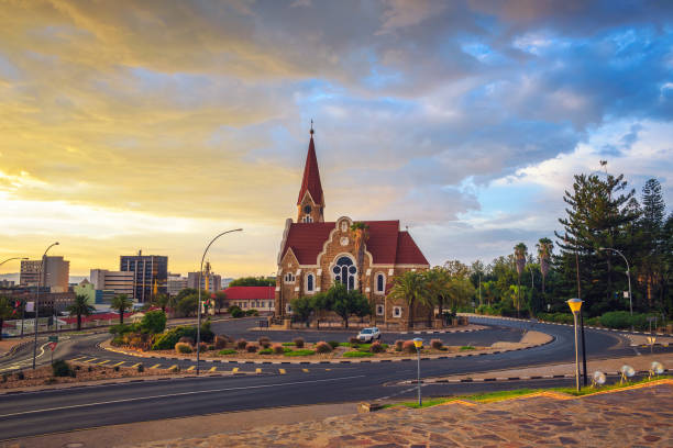 Dramatic sunset above Christchurch, a historic landmark and Lutheran church in Windhoek, capital city of Namibia.