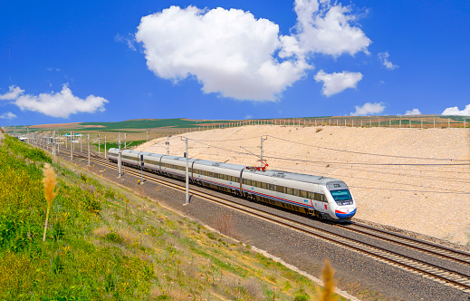 Polatli, Ankara, Turkey - January 12 2019: High speed train (Yuksek Hizli Tren-YHT) of TCDD on the way