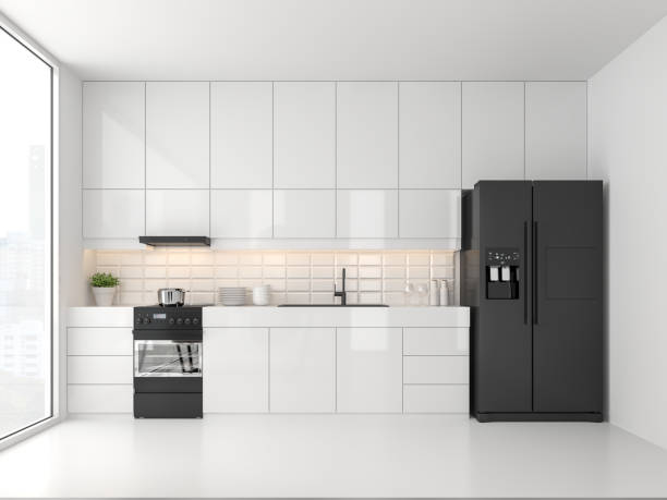 estilo minimalista cocina 3d render - white food fotografías e imágenes de stock