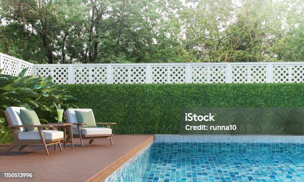 Swimming Pool Terrace In The Garden 3d Render Stock Photo - Download Image Now - Swimming Pool, Yard - Grounds, Fence