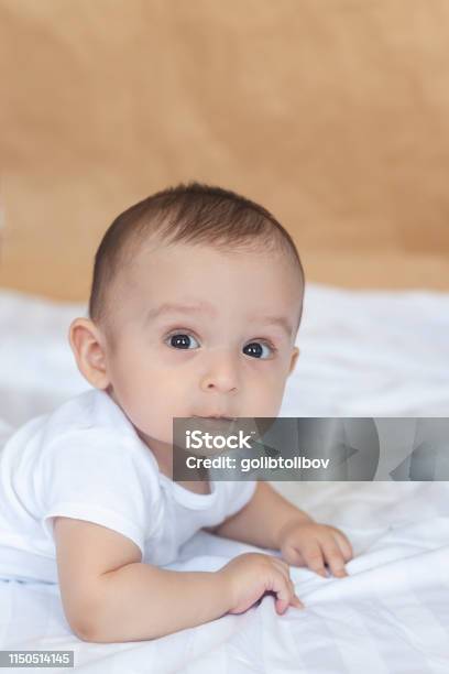 68 Month Old Baby Boy Lying Playfully In Bed Stock Photo - Download Image Now - 0-11 Months, 6-11 Months, Arm