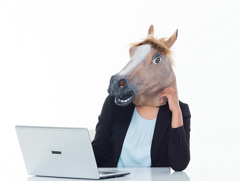Female horse businessperson sitting at a desk