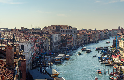 Top view of Grand canal from roof of Fondaco dei Tedeschi in Venice. Italy