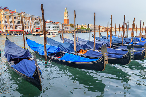 Gondolas moored by Fondamenta Salute. Venice. Italy