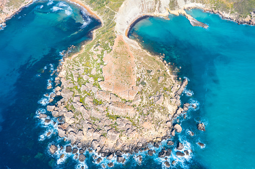 Gnejna and Ghajn Tuffieha bay on Malta island. Aerial view from the height of the coastlinescenic sliffs near the mediterranean turquoise water sea