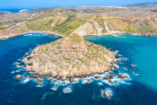 Gnejna and Ghajn Tuffieha bay on Malta island. Aerial view from the height of the coastlinescenic sliffs near the mediterranean turquoise water sea