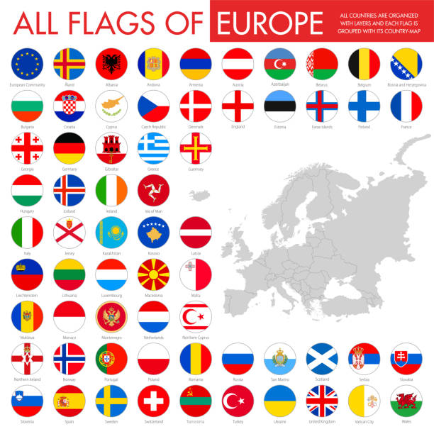 illustrazioni stock, clip art, cartoni animati e icone di tendenza di europa - bandiere arrotondate - all european flags