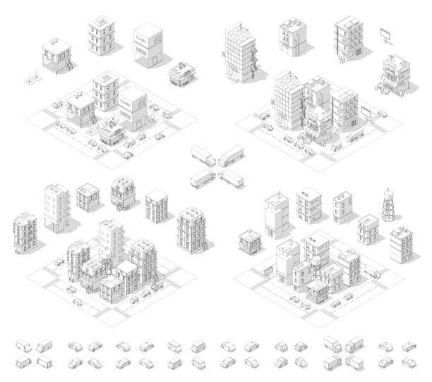 シティアイソメセット。都市景観インフラ地区。町の家や街は車があります。アーバンローポリ。灰色の線輪郭の輪郭のスタイル。 - map city town built structure点のイラスト素材／クリップアート素材／マンガ素材／アイコン素材