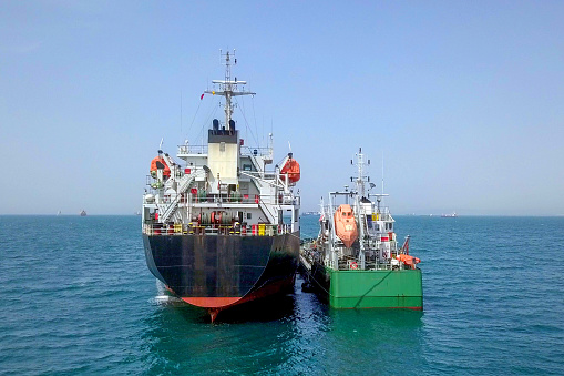 Refuelling at sea, Aerial image of a Small Oil products ship fuelling a large Bulk carrier.