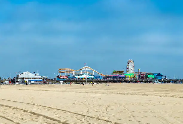 Santa Monica pier Ferris Wheel in California USA on blue Pacific Ocean