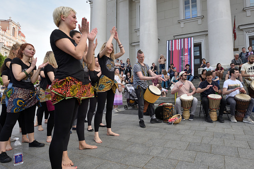 Vilnius, Lithuania - May 18: Unidentified musicians play drums and dancing in Street Music Day on May 18, 2019 in Vilnius Lithuania. Vilnius is the capital of Lithuania and its largest city.