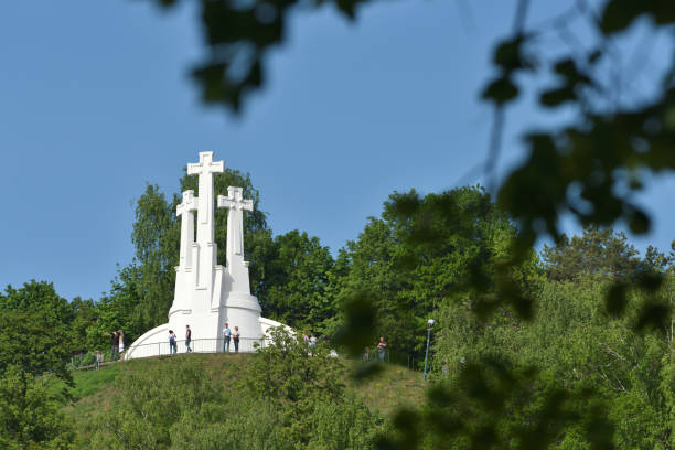 Vilnius, Lithuania - May 18: The Three Crosses monument on May 18, 2019 in Vilnius Lithuania. Vilnius is the capital of Lithuania and its largest city.