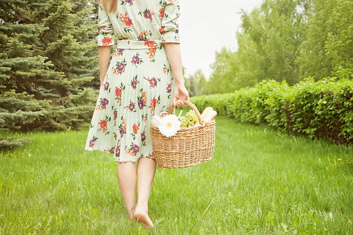 Woman in a dress on the picnic holds picnic basket in a hand.
