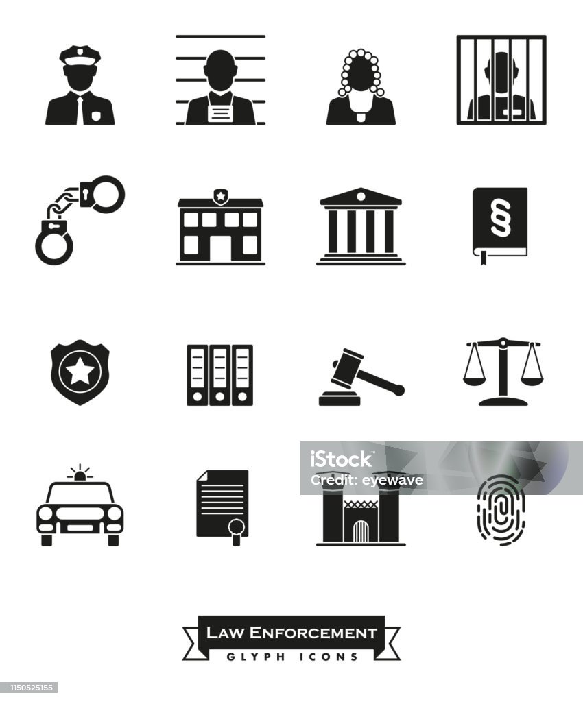 Law enforcement glyph icon set Collection of law enforcement glyph icons. Criminal justice symbols Icon Symbol stock vector