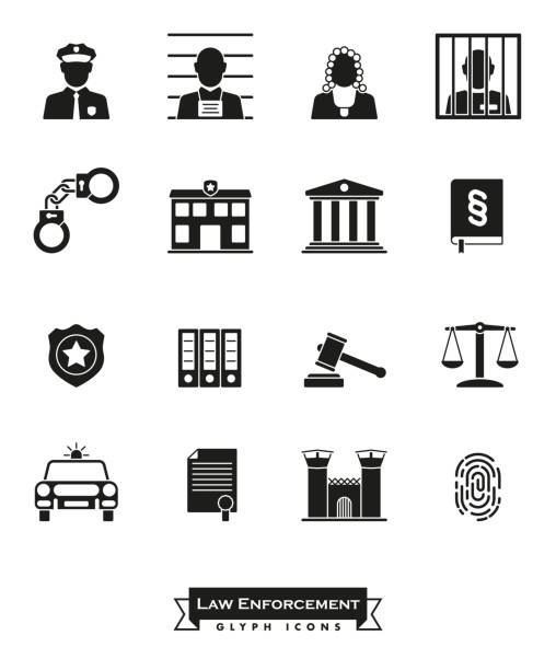Law enforcement glyph icon set Collection of law enforcement glyph icons. Criminal justice symbols criminal justice stock illustrations