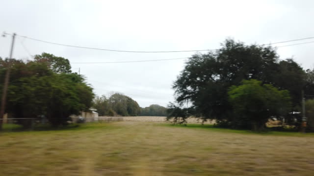 Shot from a Moving Vehicle of Houses and Landscapes in Southern Louisiana under a Partly Cloudy Sky