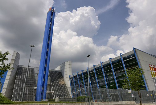 Turin, Gerbido, Piedmont Italy Gugno 3 2018. The waste-to-energy plant of the company TRM-IREN GROUP. Overall view of the waste-to-energy plant and its management center. 120m high chimney.