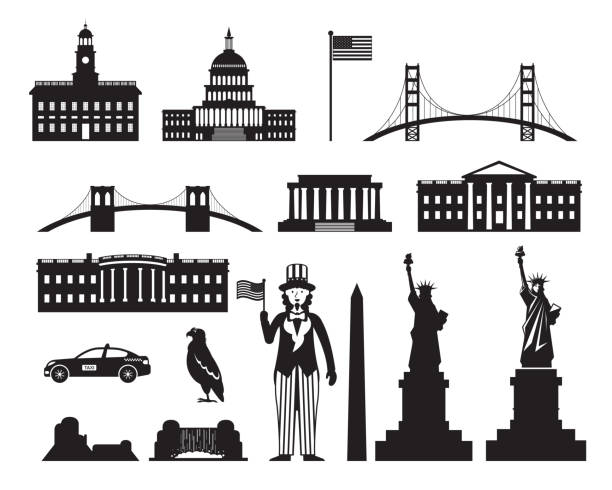 ilustraciones, imágenes clip art, dibujos animados e iconos de stock de estados unidos de américa, usa, objects silhouette - the mall illustrations