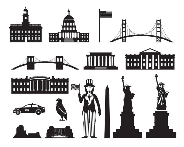 illustrazioni stock, clip art, cartoni animati e icone di tendenza di stati uniti d'america, stati uniti d'america, oggetti silhouette - golden gate bridge illustrations