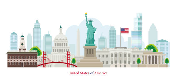 illustrations, cliparts, dessins animés et icônes de états-unis d’amérique, états-unis, points d’intérêt, skyline et gratte-ciel - new york city panoramic statue of liberty skyline