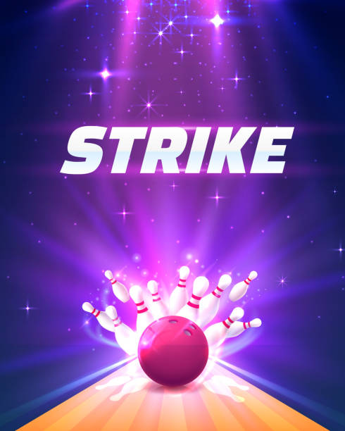 bowling-club-plakat mit dem hellen hintergrund. - strike stock-grafiken, -clipart, -cartoons und -symbole