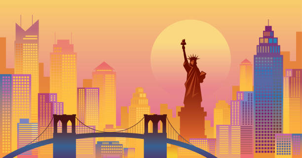 bildbanksillustrationer, clip art samt tecknat material och ikoner med new york färgglada bakgrund, urban skyline - manhattan skyline sunset
