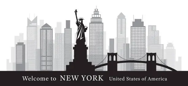 Vector illustration of New York Landmarks Skyline and Skyscraper in Black and White