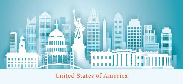 Vector illustration of United States of America, USA, Landmarks Skyline Background, Paper Cutting Style