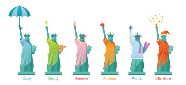 illustrazioni stock, clip art, cartoni animati e icone di tendenza di statua della libertà nella stagione - new york rain
