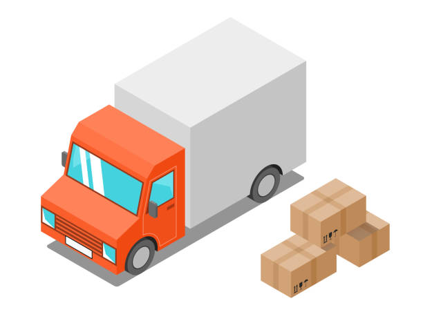 Delivery truck and cardboard packaging isometric icon vector art illustration