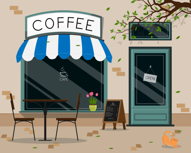 современный магазин кафе экстерьер, уличное кафе на открытой террасе плоский дизайн, векторная иллюстрация - cafe coffee shop sidewalk cafe menu stock illustrations