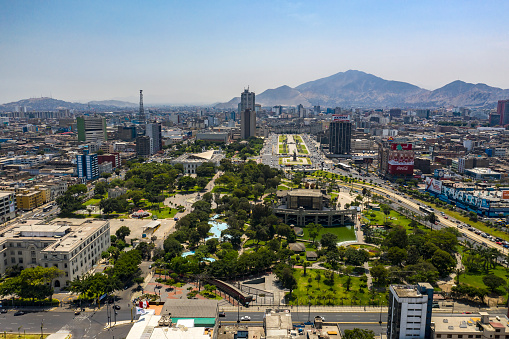 Lima, Perú - March 23 2019: Aerial view of Exposition park (Parque de la exposición) and MALI Museum (Museo de Arte de Lima) at daytime