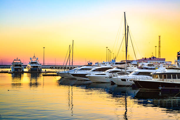 istock Luxury yachts at colorful sunset. 1150535136