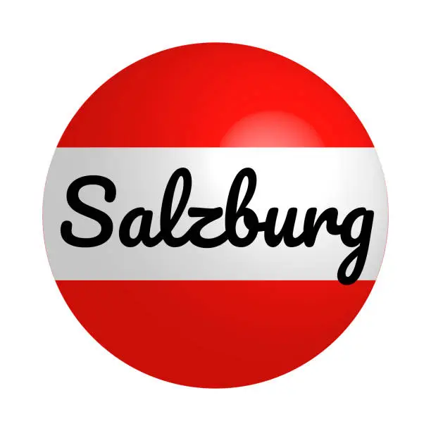 Vector illustration of Round button Icon of national flag of Austria with inscription of city name: Salzburg in modern style and reflection of light. Vector EPS10 illustration.
