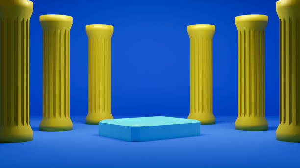 istock trendy showcase with blue podium and yellow classic columns. 3d illustration 1150537488