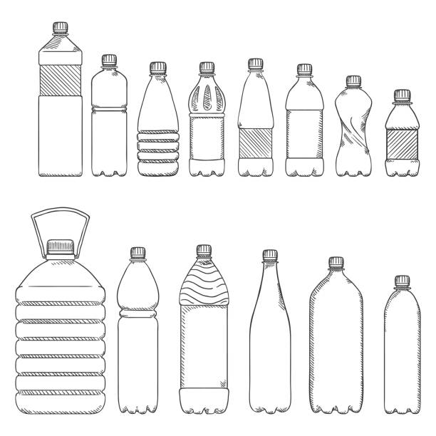 stockillustraties, clipart, cartoons en iconen met vector schets set van plastic flessen - plastic fles klein