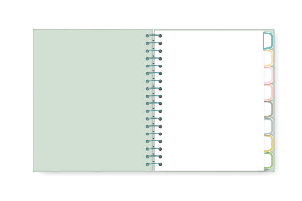 白い背景、現実的なモックアップ上に分離されたタブディバイダーとオープンスパイラルノートブック。カラーカバーとブックマーク、ベクターテンプレートとのブランクワイヤーバインド� - note pad workbook paper ring binder点のイラスト素材／クリップアート素材／マンガ素材／アイコン素材