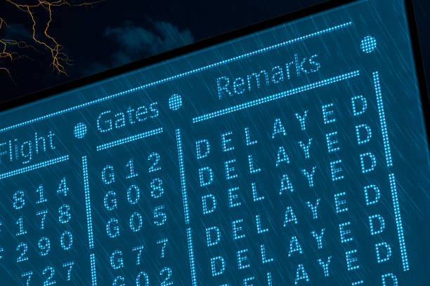 Delayed flights due to bad weather concept. Airport timetable under deep rain with lightnings and dark sky. Dotted pixel monitor display with information about delay of any flight
