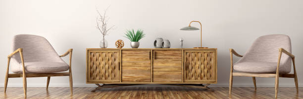 istock Interior with wooden cabinet and armchairs 3d rendering 1150543147