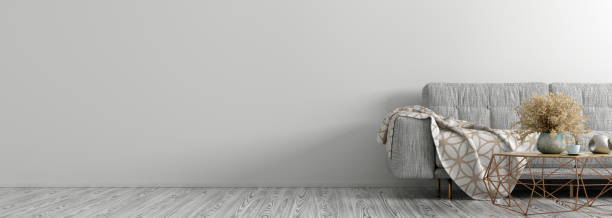 istock Interior of living room with gray sofa, coffee table panorama 3d rendering 1150543175