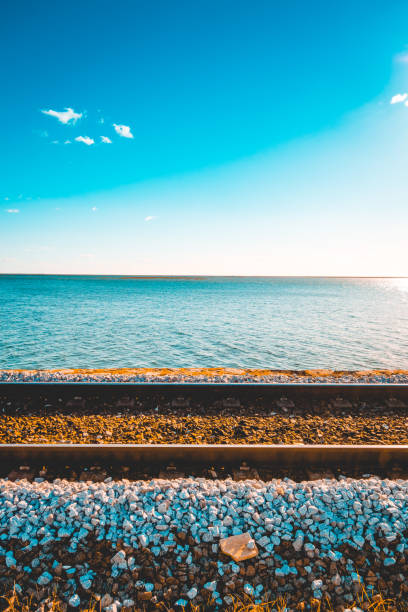 train rails with sea in the background and copy space sky