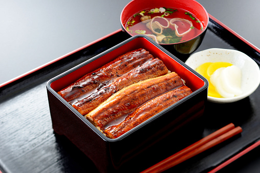 una-Juu. Caja de arroz de Anguila. comida japonesa. photo