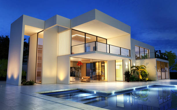 upscale modern mansion with pool - luxo imagens e fotografias de stock