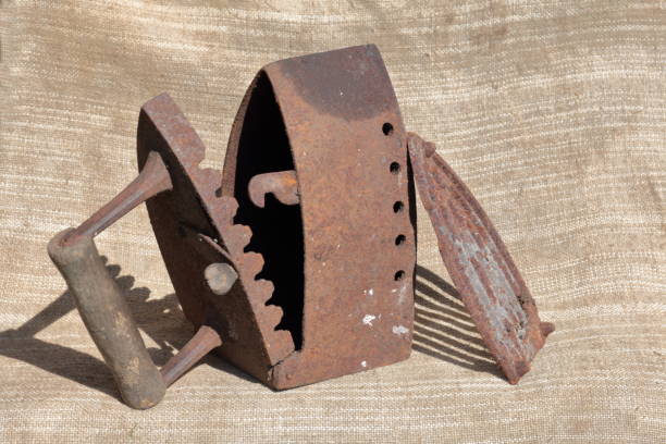 istock Rare iron working on coals. It stands on a coarse cloth. The iron is open, the grate is located nearby. 1150545985