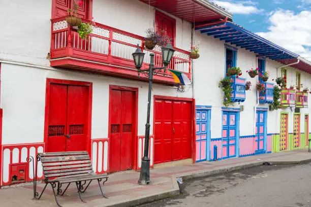 Colorful colonial architecture in the historic town of Salento, Colombia