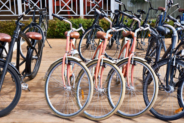 istock Old retro bicycles in parking 1150546309