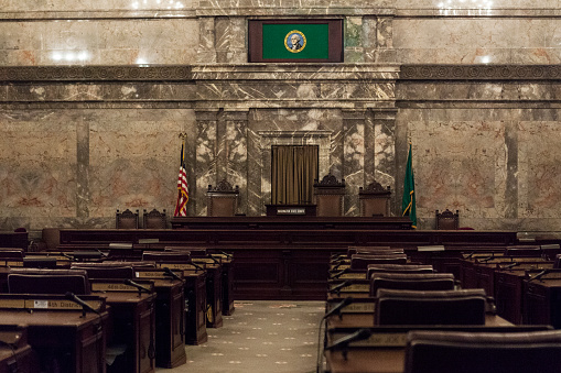 Senate Chamber of the Washington State Capitol Building in Olympia, Washington, USA.