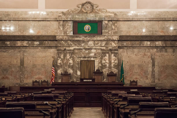 미국 워싱턴주 올림피아의 워싱턴 주 청사 의사당에 있는 상원 회의소 - washington state capitol building 뉴스 사진 이미지